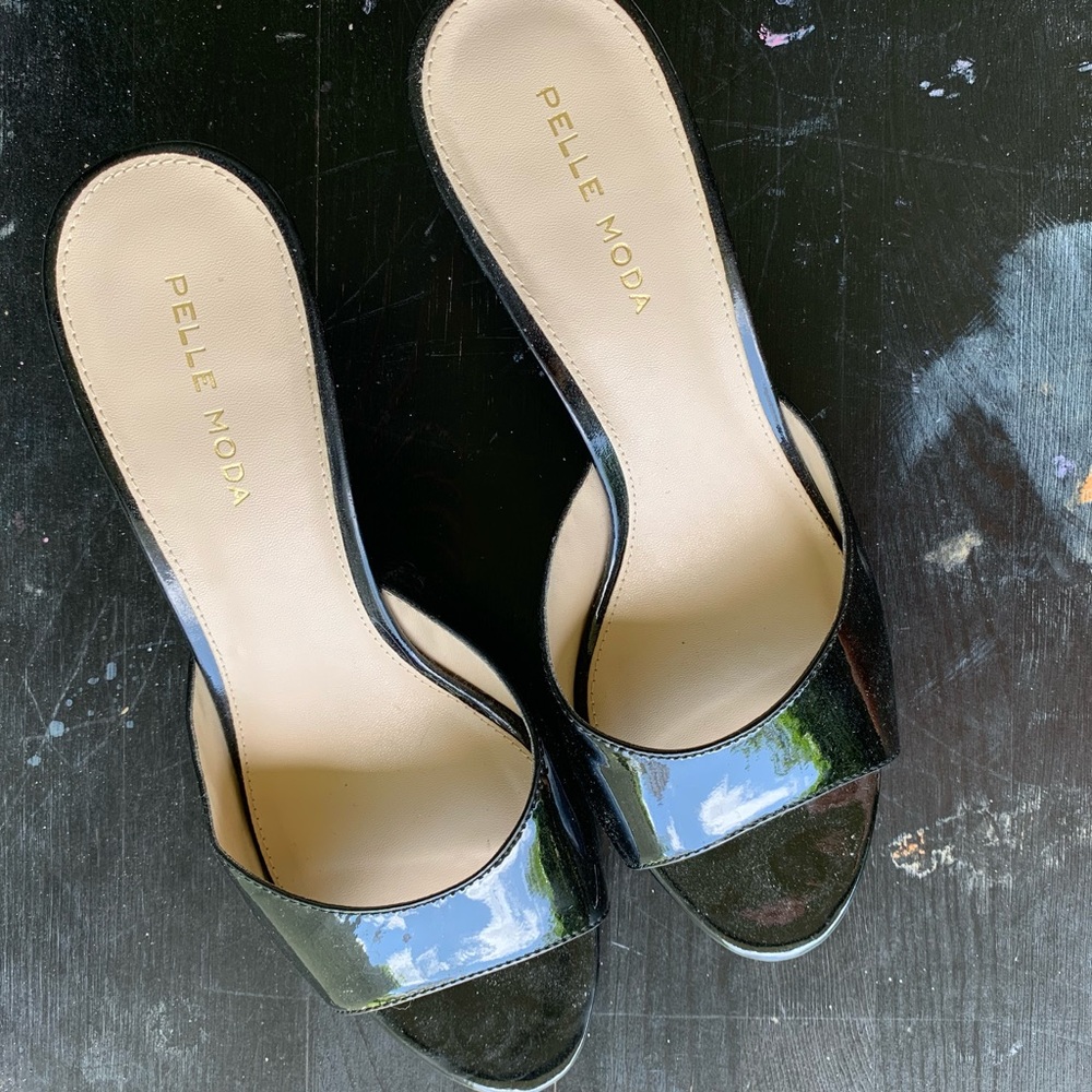 pelle moda patent leather kitten heel mules
